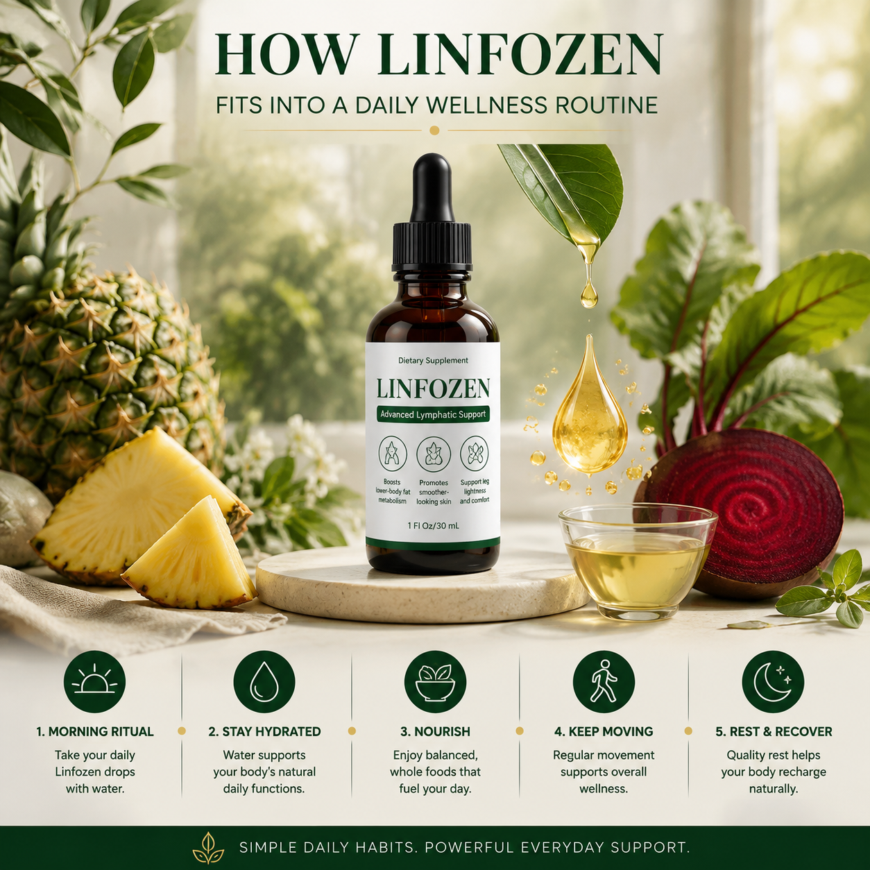 Illustrated daily wellness routine featuring Linfozen